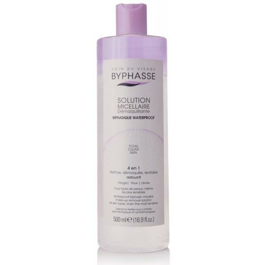 Flacone con tappo viola. Scritta: BYPHASSE, SOLUTION Micellaire, Demaquillante, Bifasique Waterproof. 500 ml.