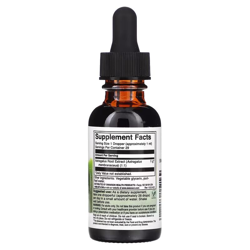 Retro di un flacone di vetro marrone con contagocce nero. Etichetta con informazioni nutrizionali.