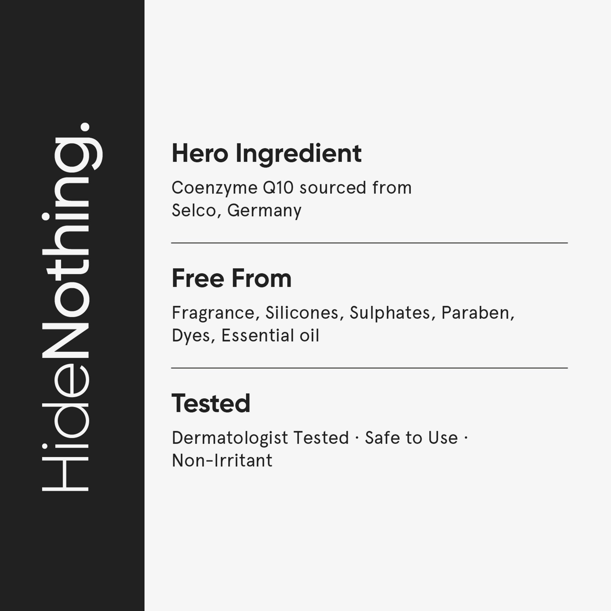 Testo su sfondo bianco. Scritta: Hero Ingredient, Free From, Tested. Informazioni sul prodotto.