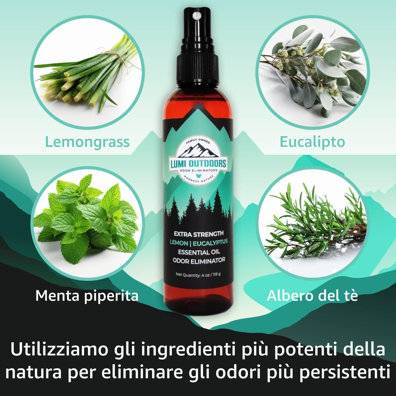 Lumi Outdoors Extra Strength Essential Oil Odor Eliminator Spray in flacone marrone con spruzzatore nero.