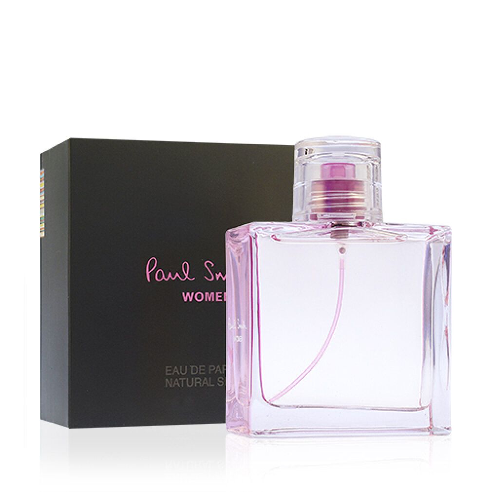 Flacone in vetro e scatola. Flacone rettangolare in vetro con liquido rosa e vaporizzatore. Scatola nera con scritta rosa: Paul Smith Women.