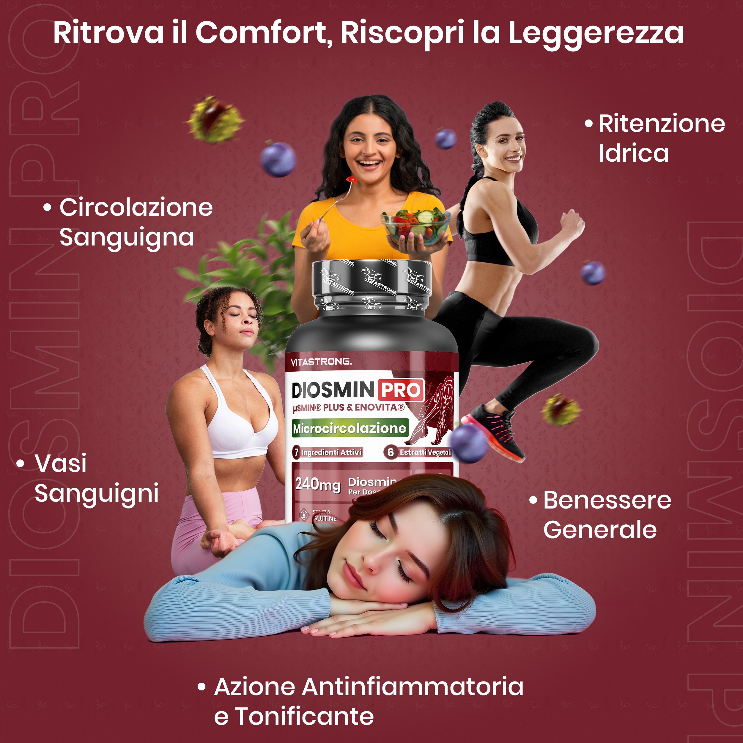 Vitastrong Diosmin PRO. Flacone di compresse. Donne e testo: Microcircolazione, vasi sanguigni, benessere generale, azione antinfiammatoria.