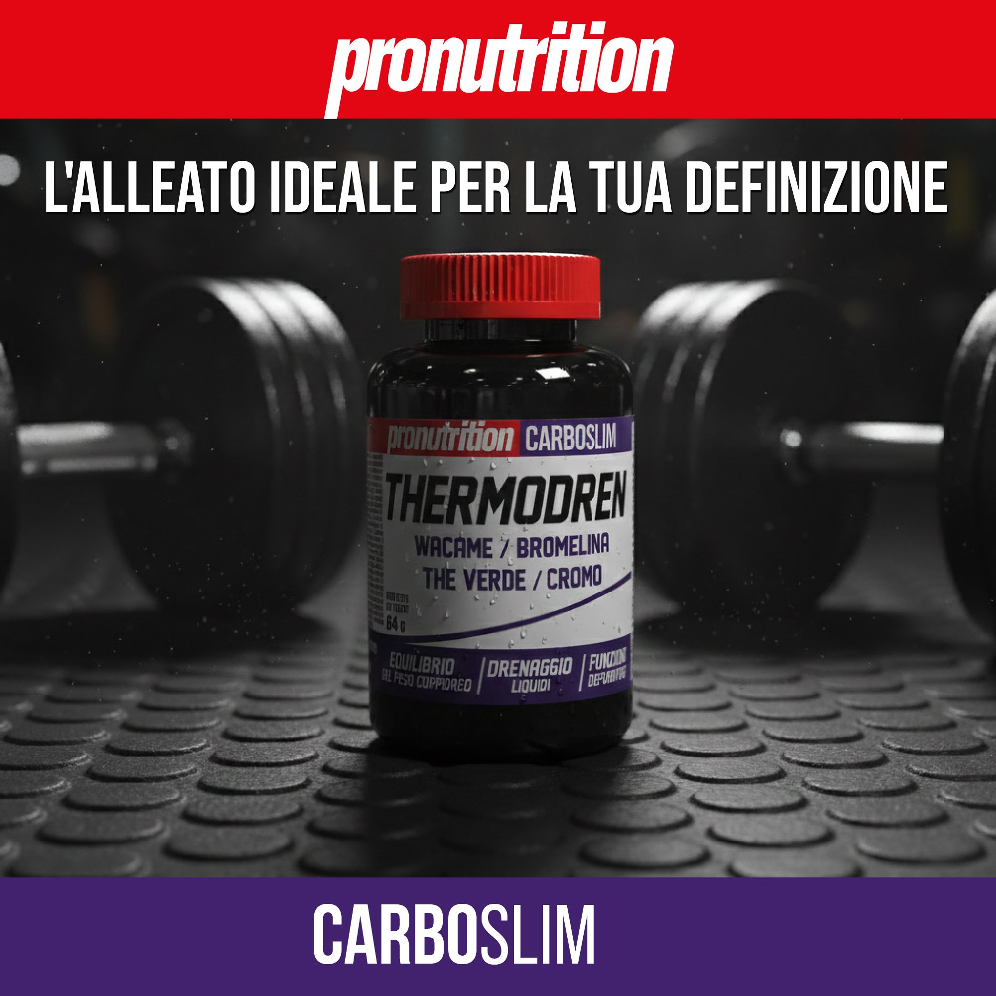 Flacone nero con tappo rosso. Scritta THERMODREN. Posizionato davanti ai manubri. Scritta CARBOSLIM.