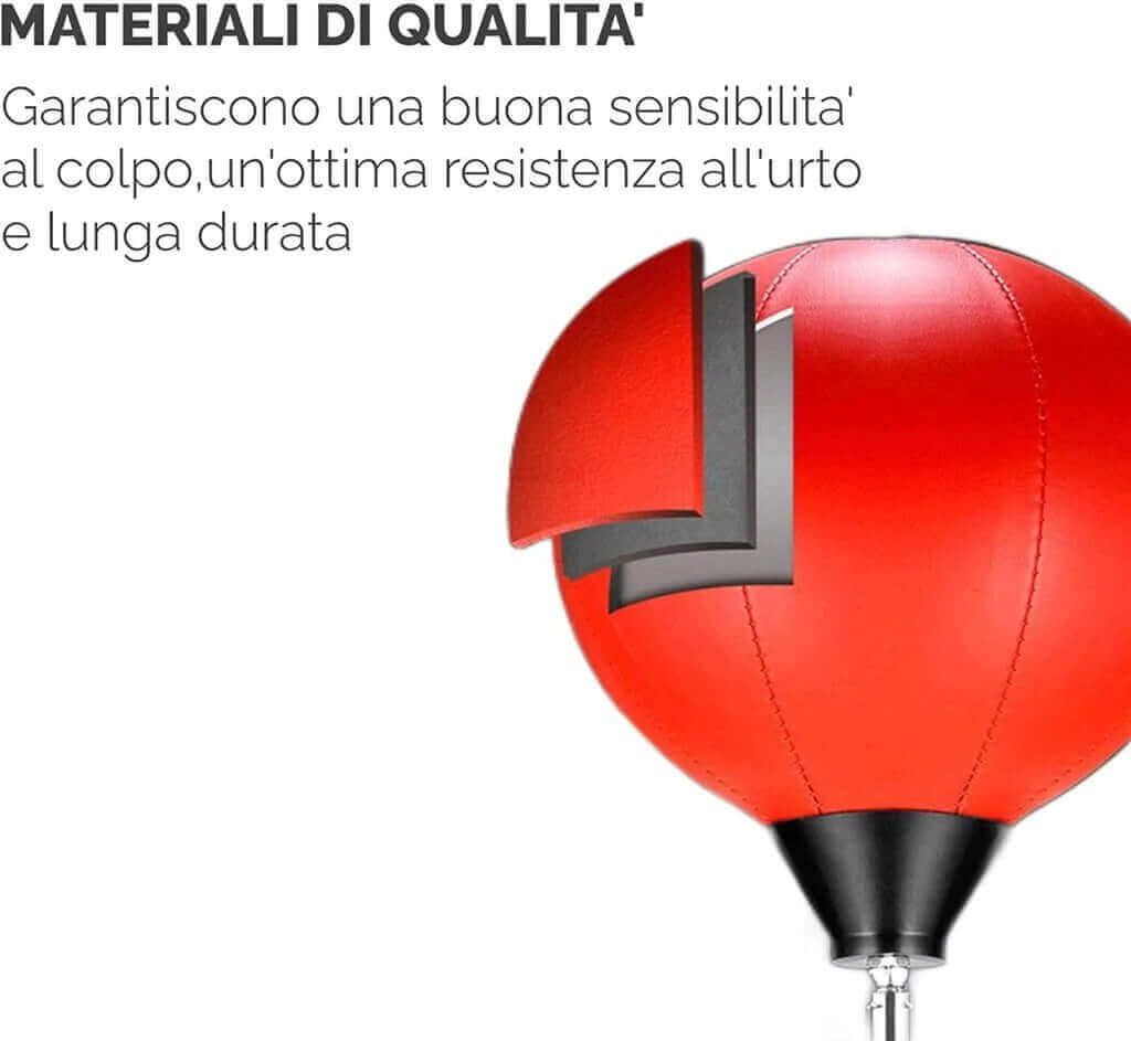 Sacco da boxe rosso con vista in sezione. Testo: MATERIALI DI QUALITA'. Logo FFitness.