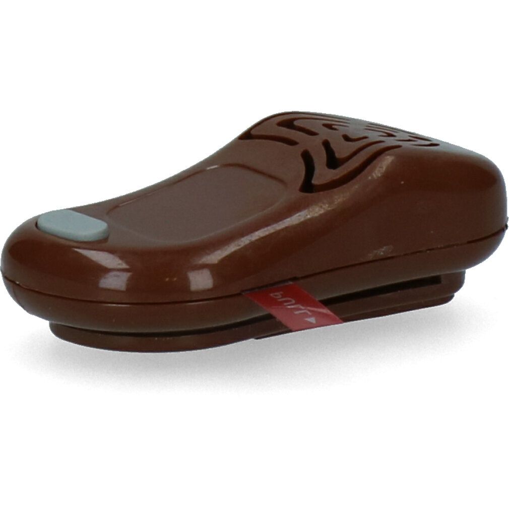 Dispositivo TICKLESS marrone. Con pulsante grigio e linguetta rossa. Alloggiamento forato.