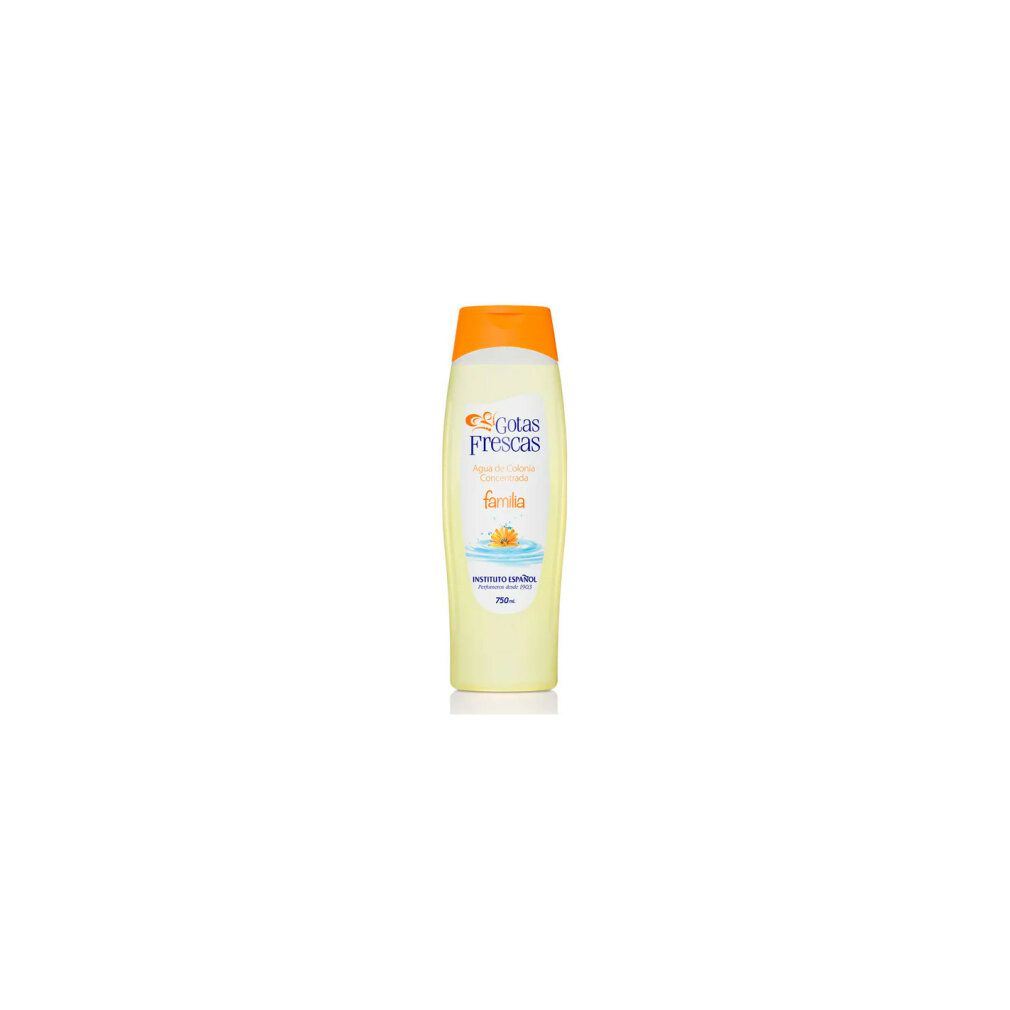 Flacone giallo con tappo arancione. Scritta: Gotas Frescas, Agua de Colonia Concentrada, familia. 750ml.