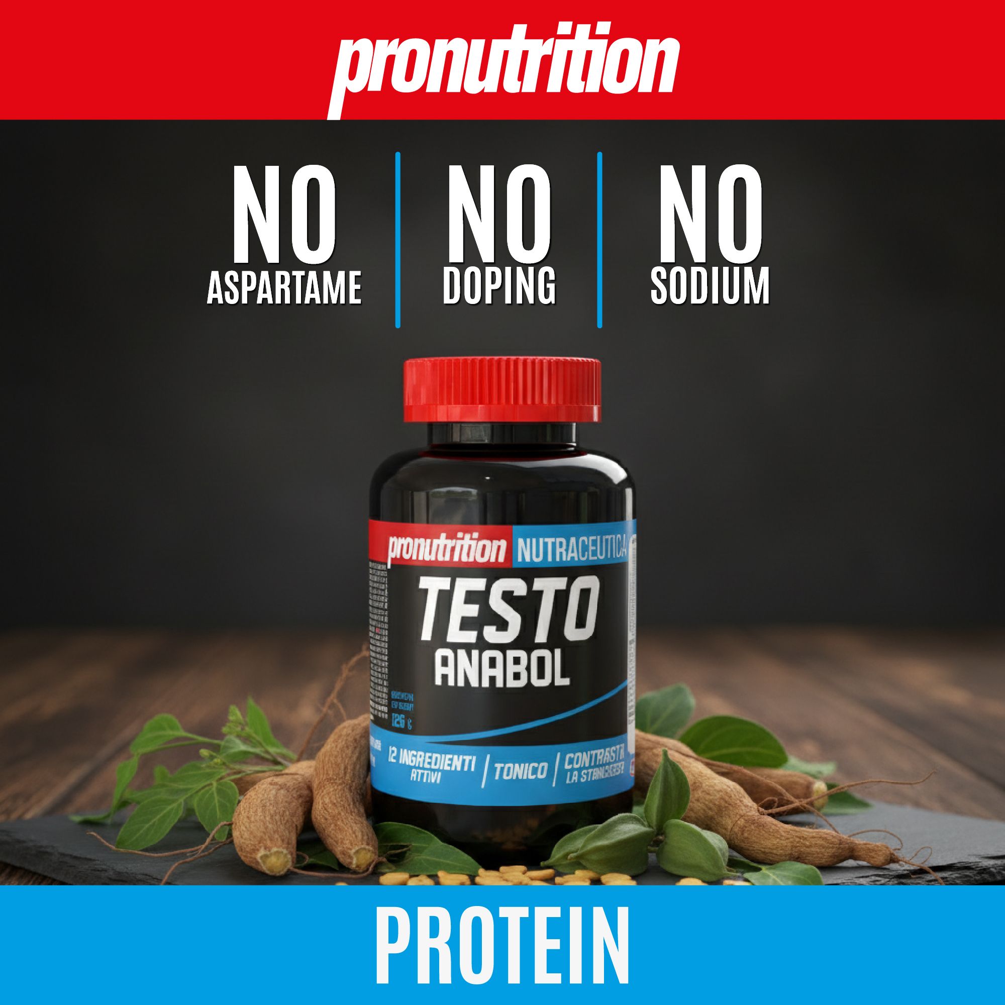 Flacone nero con tappo rosso. Scritta: Testo Anabol. Testo: Senza aspartame, doping, sodio. Radici in primo piano.