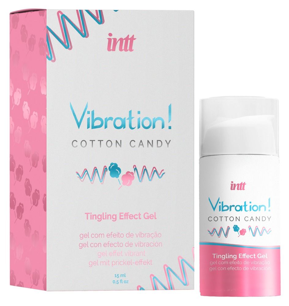 Confezione e flacone. Scritta: Vibration! Cotton Candy Tingling Effect Gel. Marchio: INTT. 15 ml.