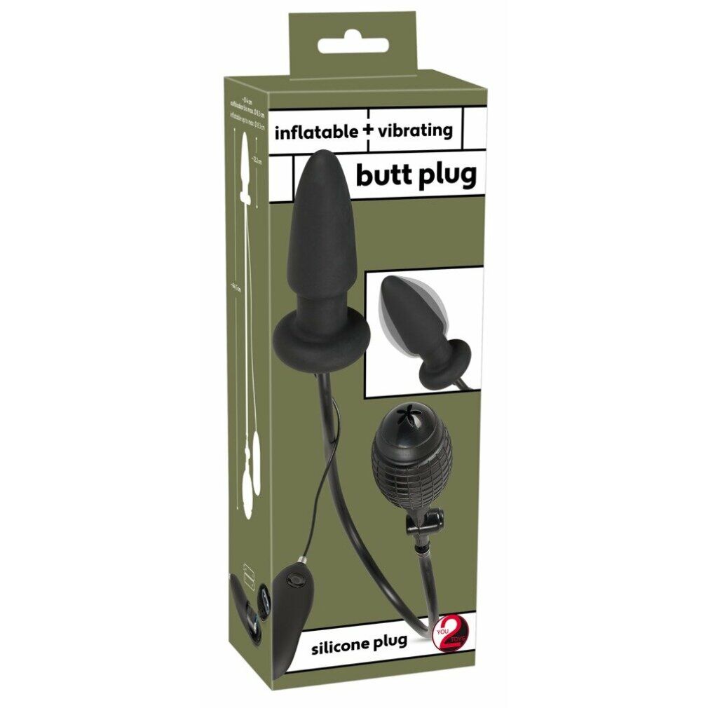 Plug anale vibrante gonfiabile nero in silicone, con telecomando e pompa, confezionato in scatola. Testo: Inflatable + vibrating butt plug.
