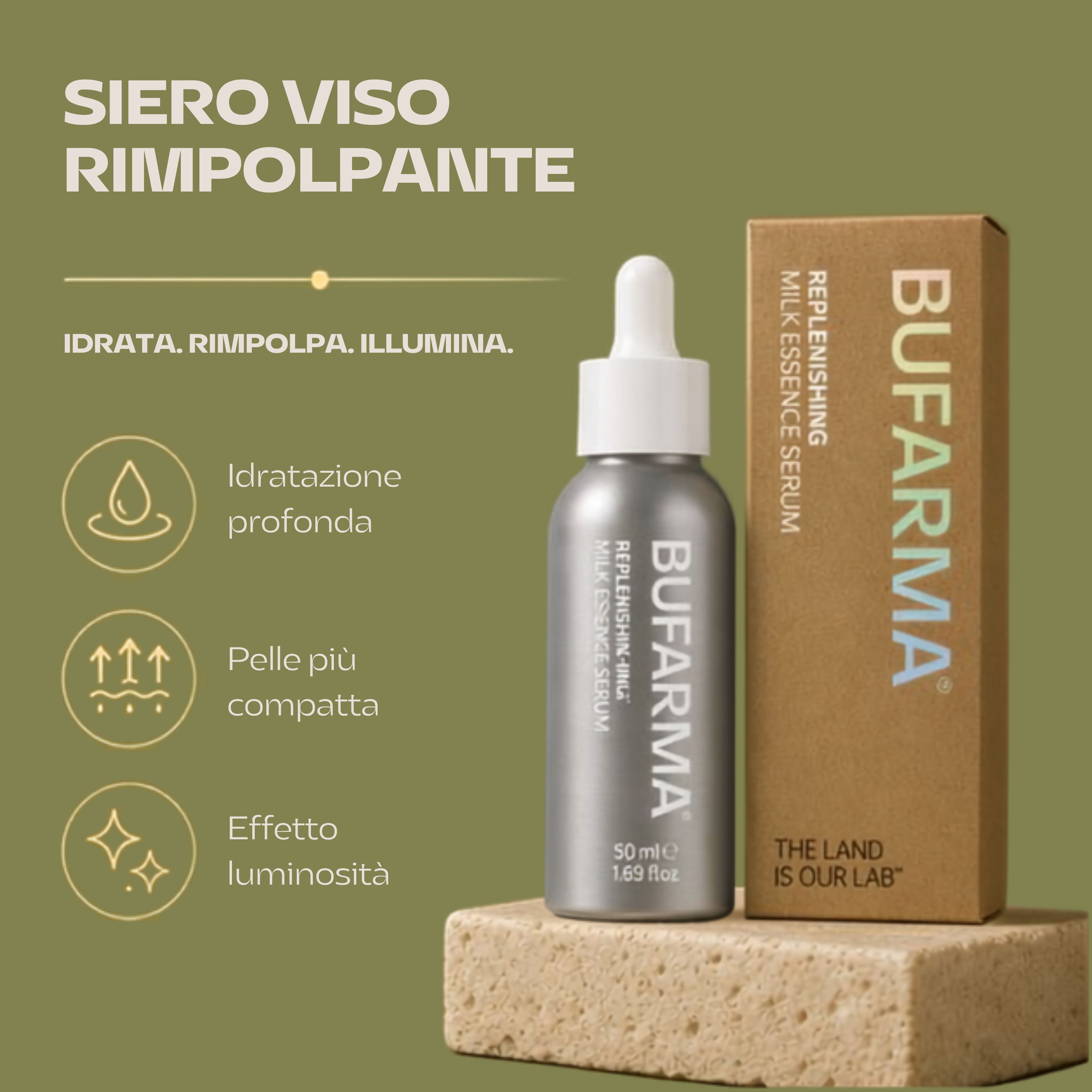 Flacone e scatola Bufarma Siero su pietra. Idrata, rimpolpa, illumina.