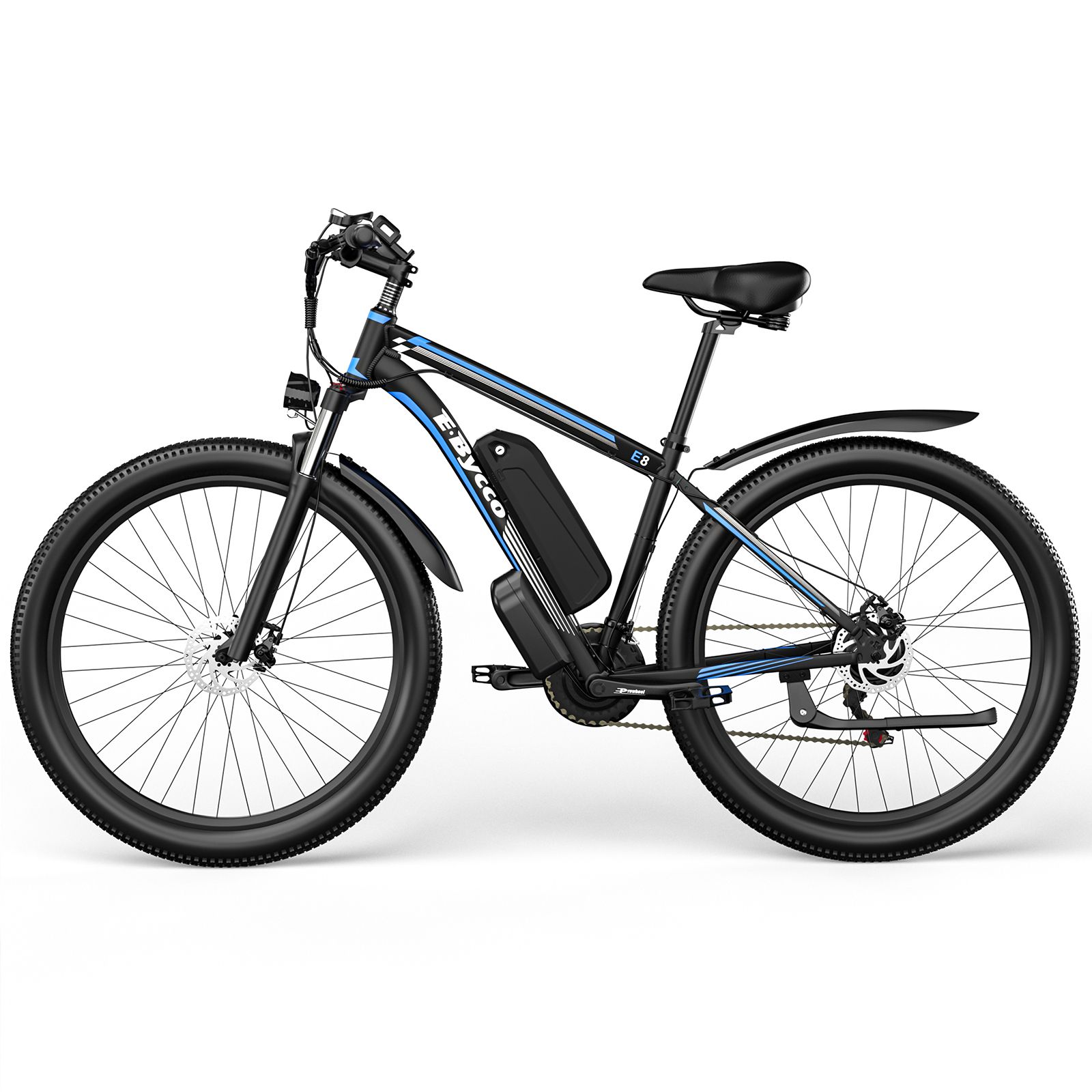 E-bike con telaio nero, dettagli blu e parafango. Logo E·Bycco. Batteria nera.
