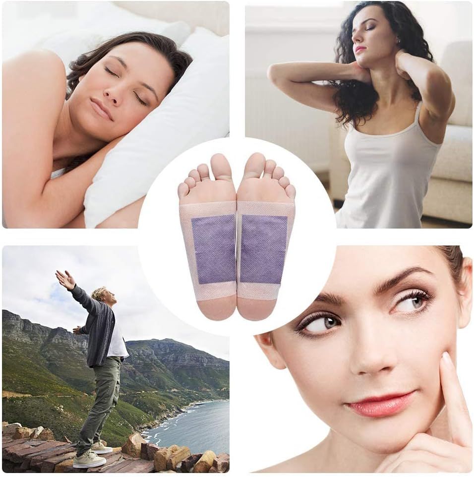 Collage di immagini. Piedi con cerotti, persona che dorme, persona con dolore al collo, paesaggio, viso.