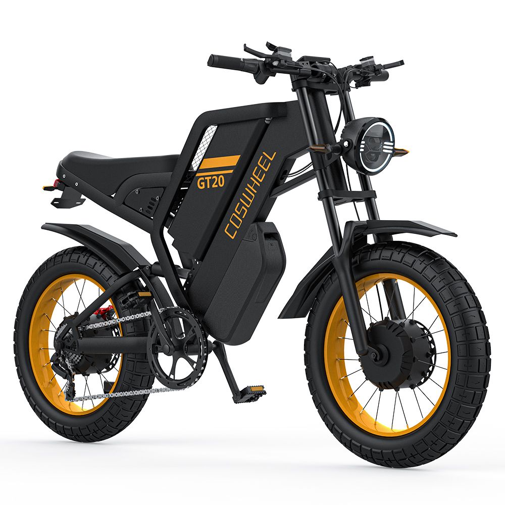 E-bike nero con cerchi gialli. Scritta GT20. Doppio motore, parafanghi, faro.