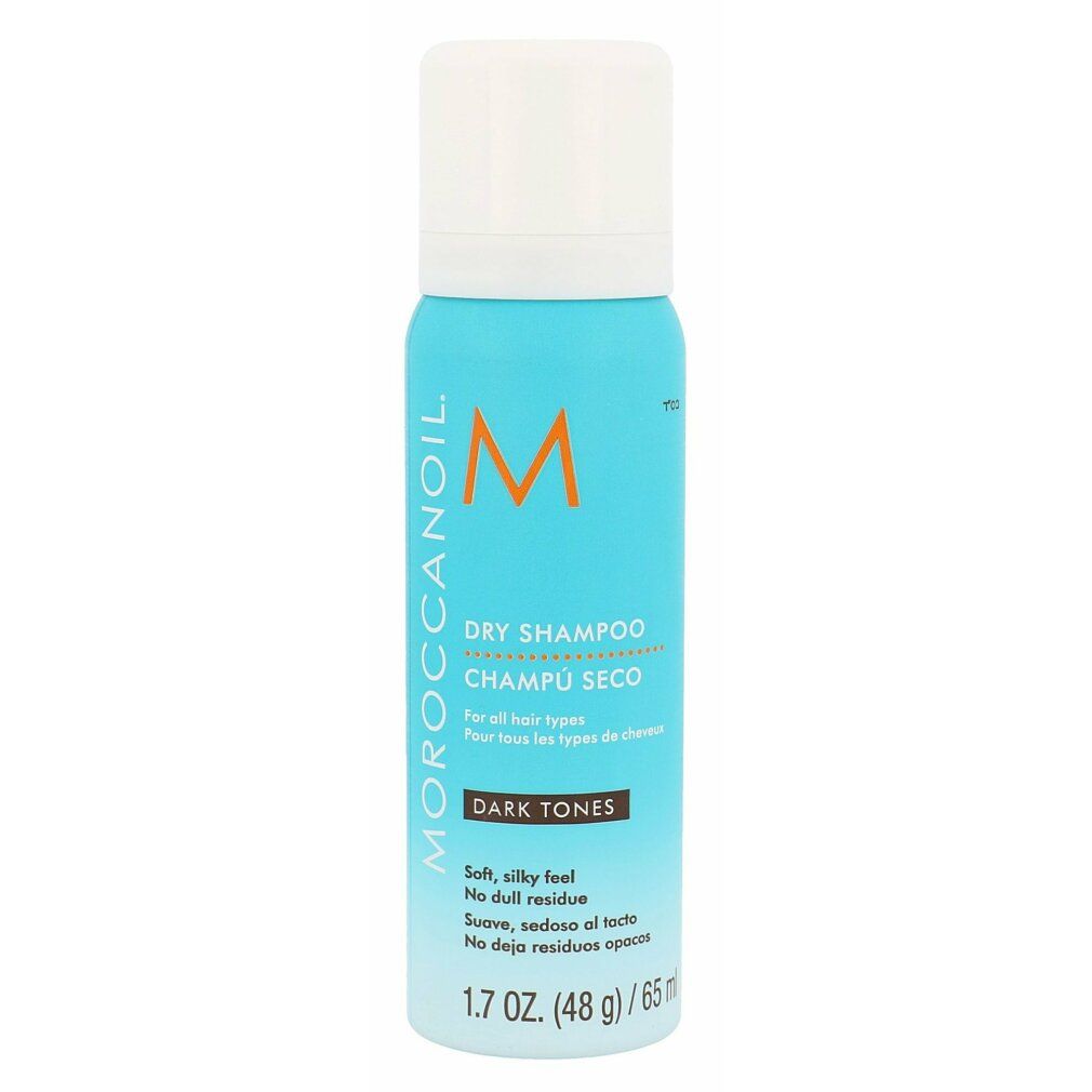 Flacone spray turchese con tappo bianco. Scritta: Dry Shampoo, Dark Tones. Marca: Moroccanoil. Volume: 1.7 oz (48 g) / 65 ml.