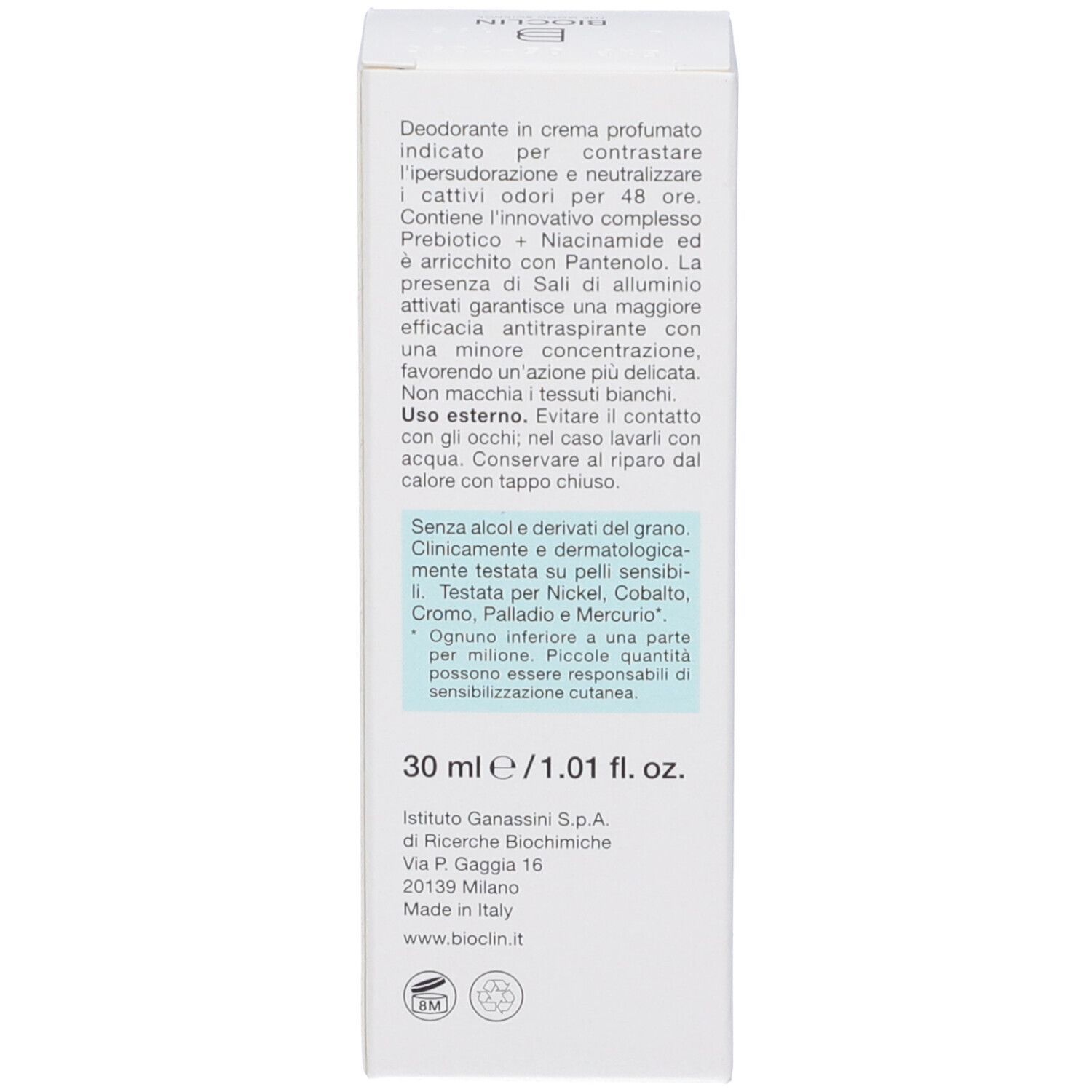 Retro della scatola Bioclin Deo Control Crema con descrizione, ingredienti e 30 ml.