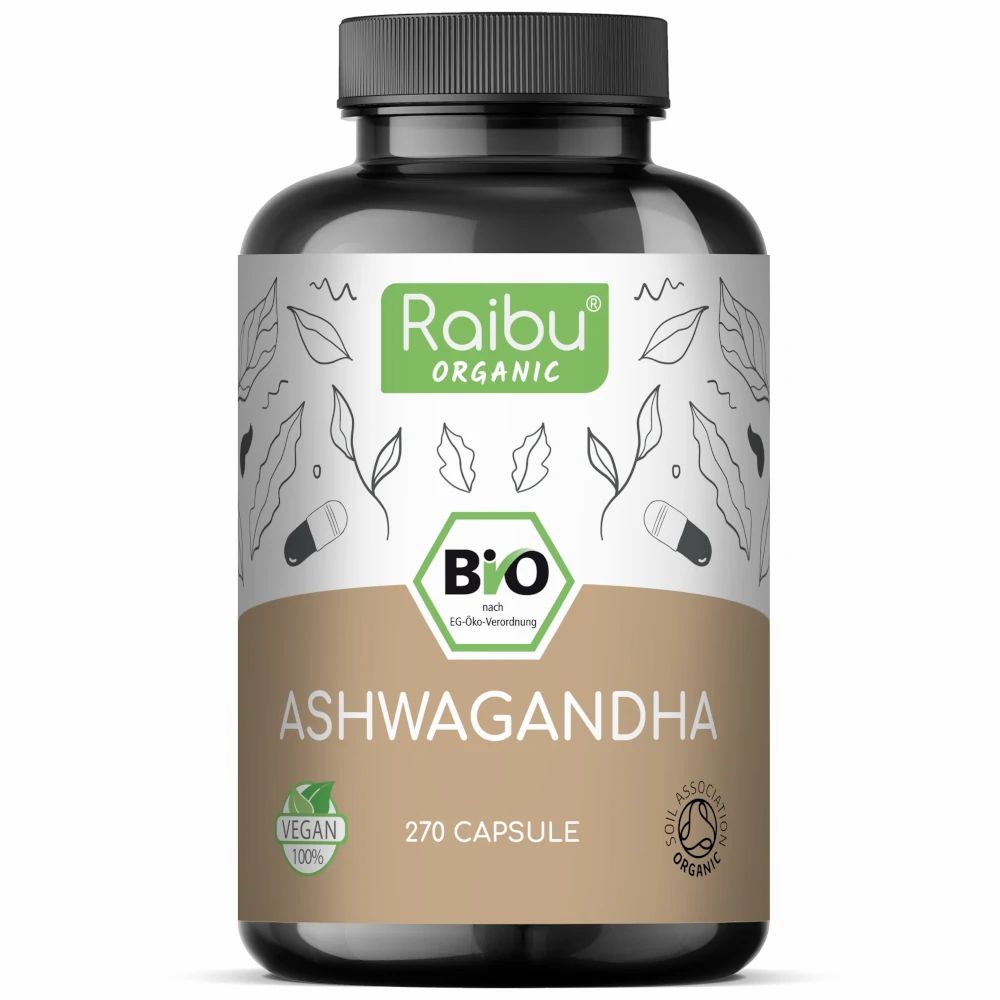 Flacone marrone con capsule. Scritta: Raibu Organic, Ashwagandha, 270 capsule, marchio Bio, Vegan.
