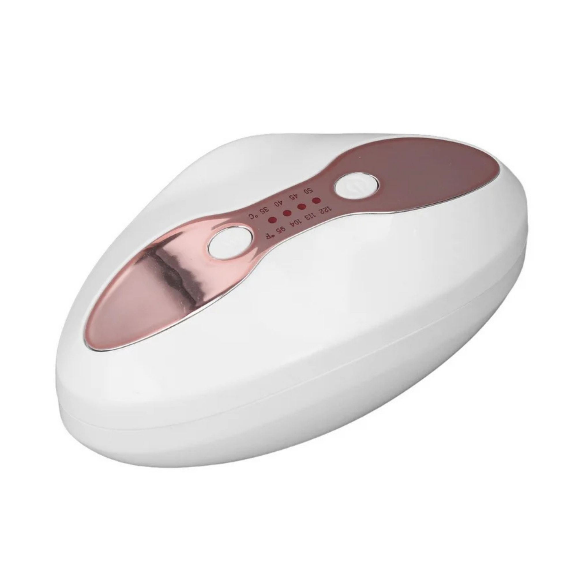 Dispositivo bianco con accenti oro rosa e controlli.