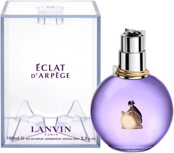 Flacone rotondo viola con vaporizzatore argentato e anello dorato. Scritta ÉCLAT D'ARPÈGE e LANVIN PARIS.