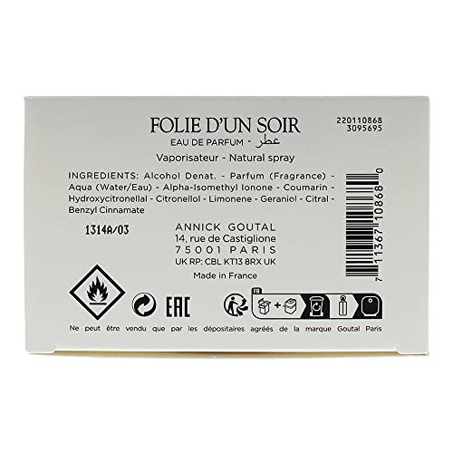 Retro della confezione con testo. Scritta: Folie d'Un Soir, Eau de Parfum. Ingredienti, indirizzo, avvertenze.