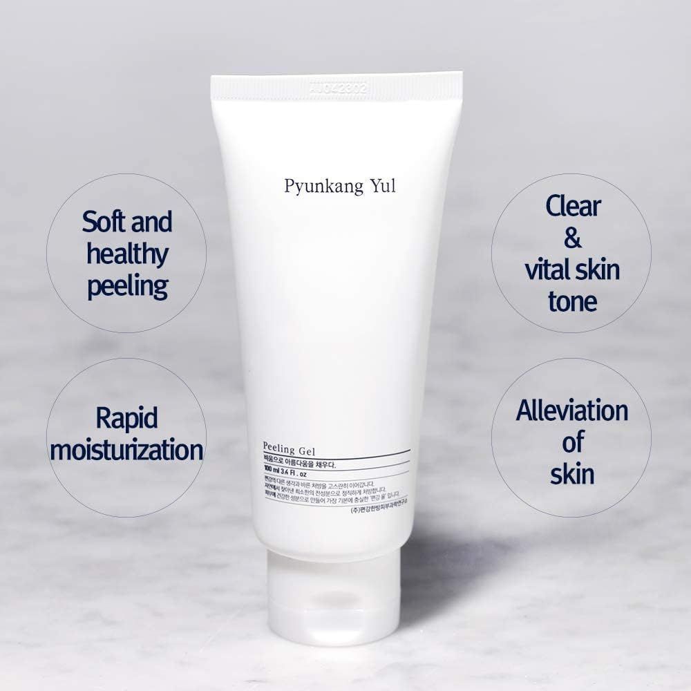Tubo bianco Pyunkang Yul Peeling Gel. Cerchi con testo: peeling delicato, pelle chiara, idratazione rapida.
