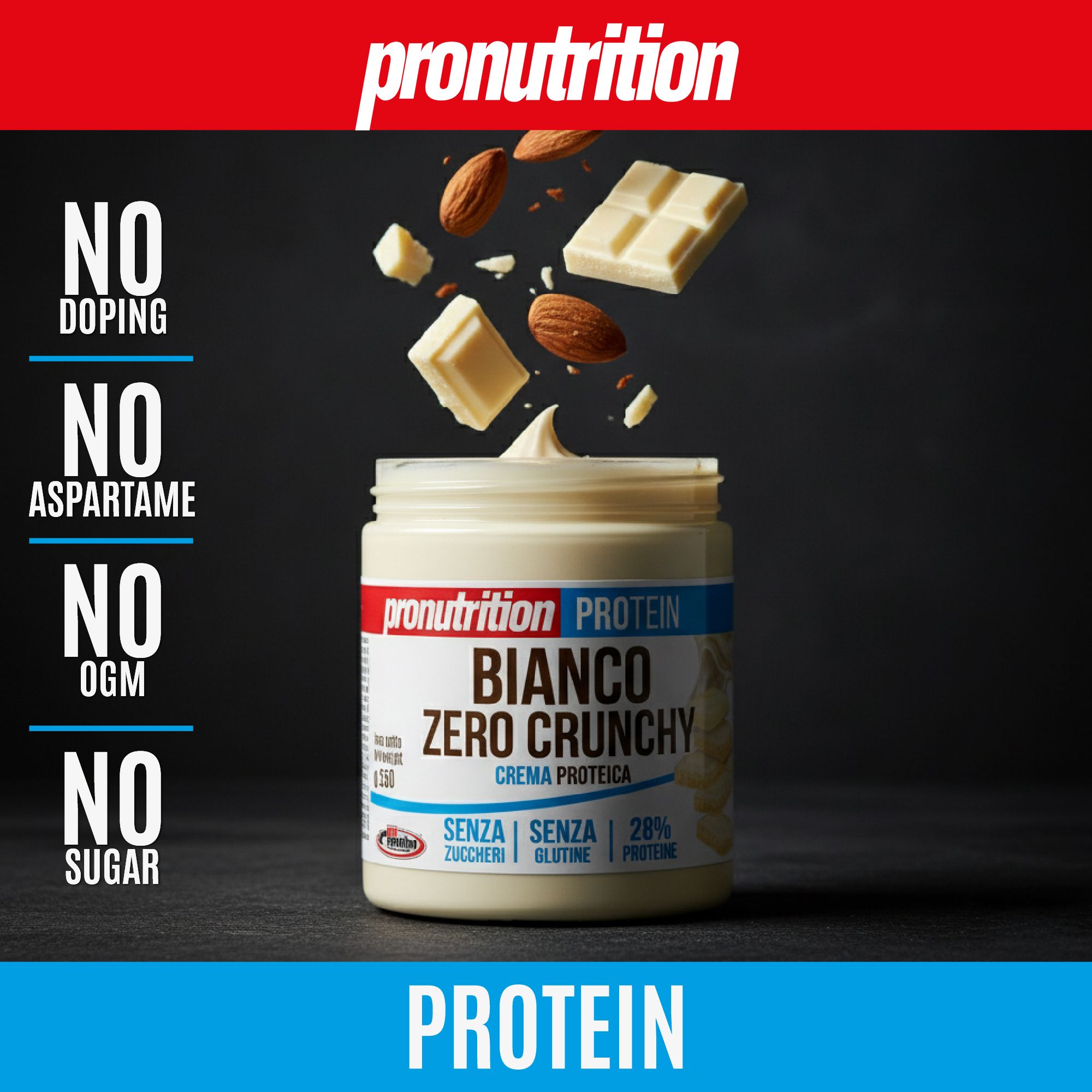 Vaso di crema proteica Zero Crunchy beige con mandorle e pezzi di cioccolato. Scritta: Pronutrition, Protein, Bianco Zero Crunchy.