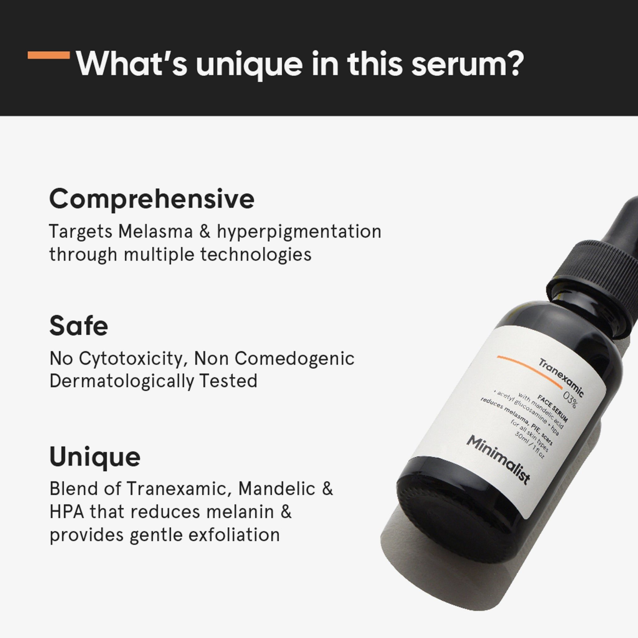 Flacone di siero con contagocce, in diagonale. Testo: Acido tranexamico 03%, Minimalist. Testo sulle caratteristiche del siero.