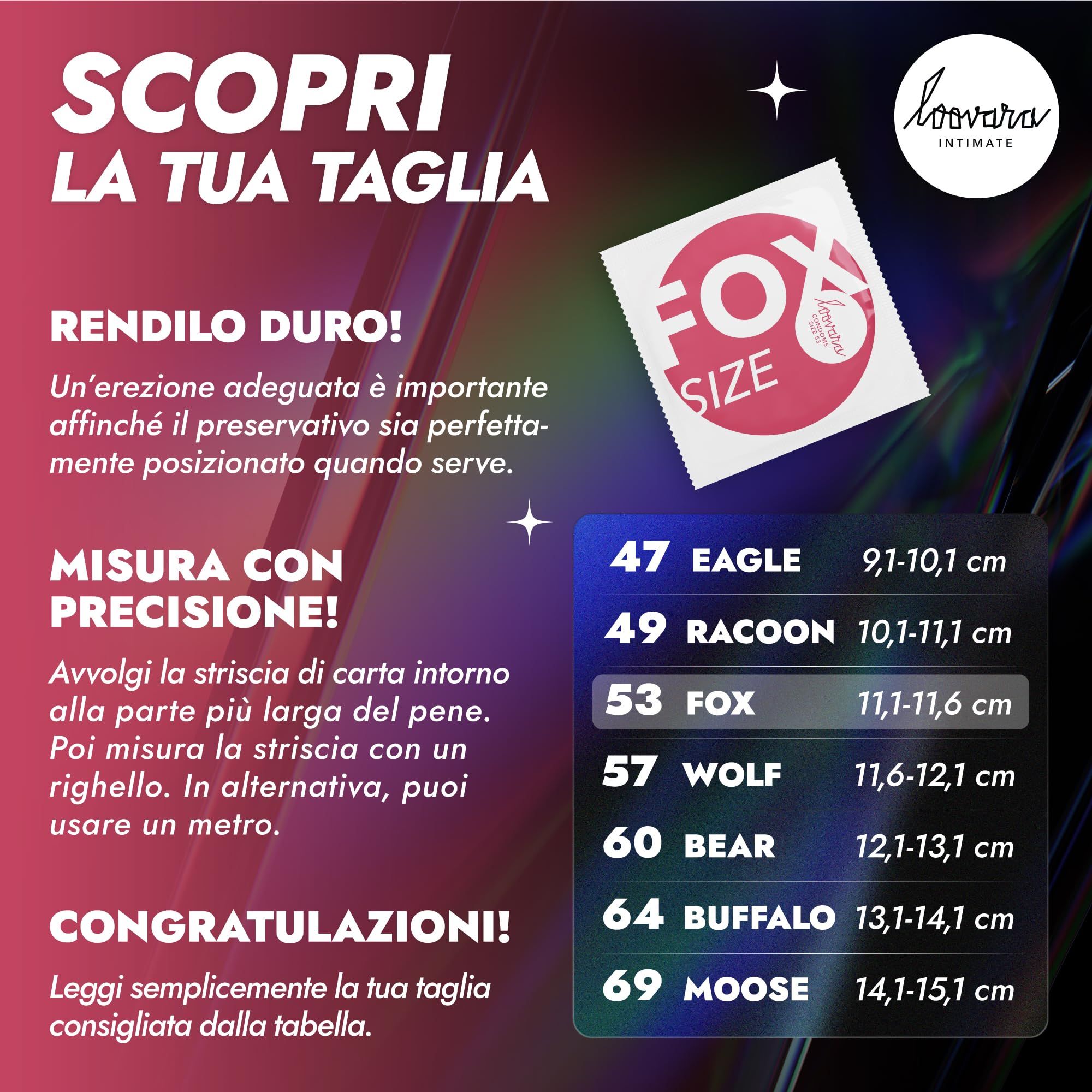 Tabella taglie preservativi Loovara: Eagle 47, Racoon 49, Fox 53, Wolf 57, Bear 60, Buffalo 64, Moose 69.