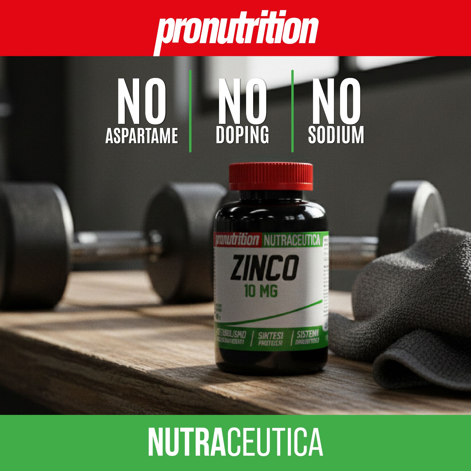 Flacone nero, tappo rosso. Scritta ZINCO 10 MG. Su legno. Testo: NUTRAZEUTICA. Testo: Senza aspartame, doping, sodio.