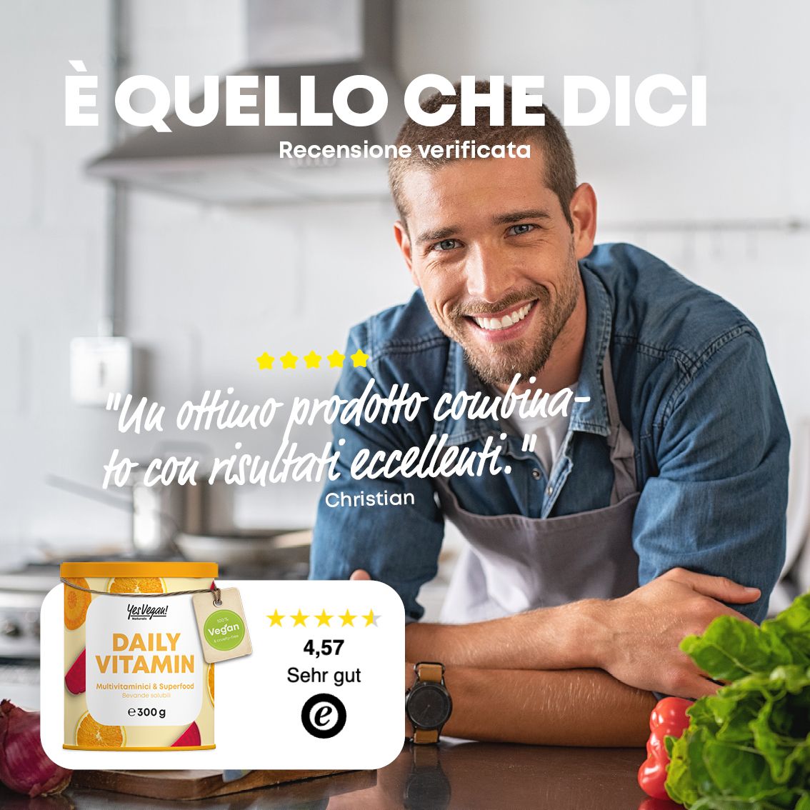 Uomo sorridente. Barattolo di polvere vitaminica con scritta Daily Vitamin. Valutazione 4,57.
