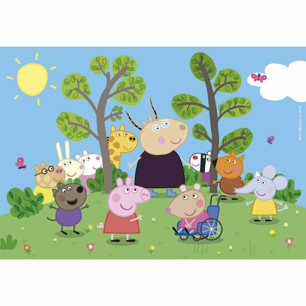 Puzzle con Peppa Pig e amici. Scena con alberi, sole, personaggi e farfalle. Sfondo: cielo blu ed erba verde.