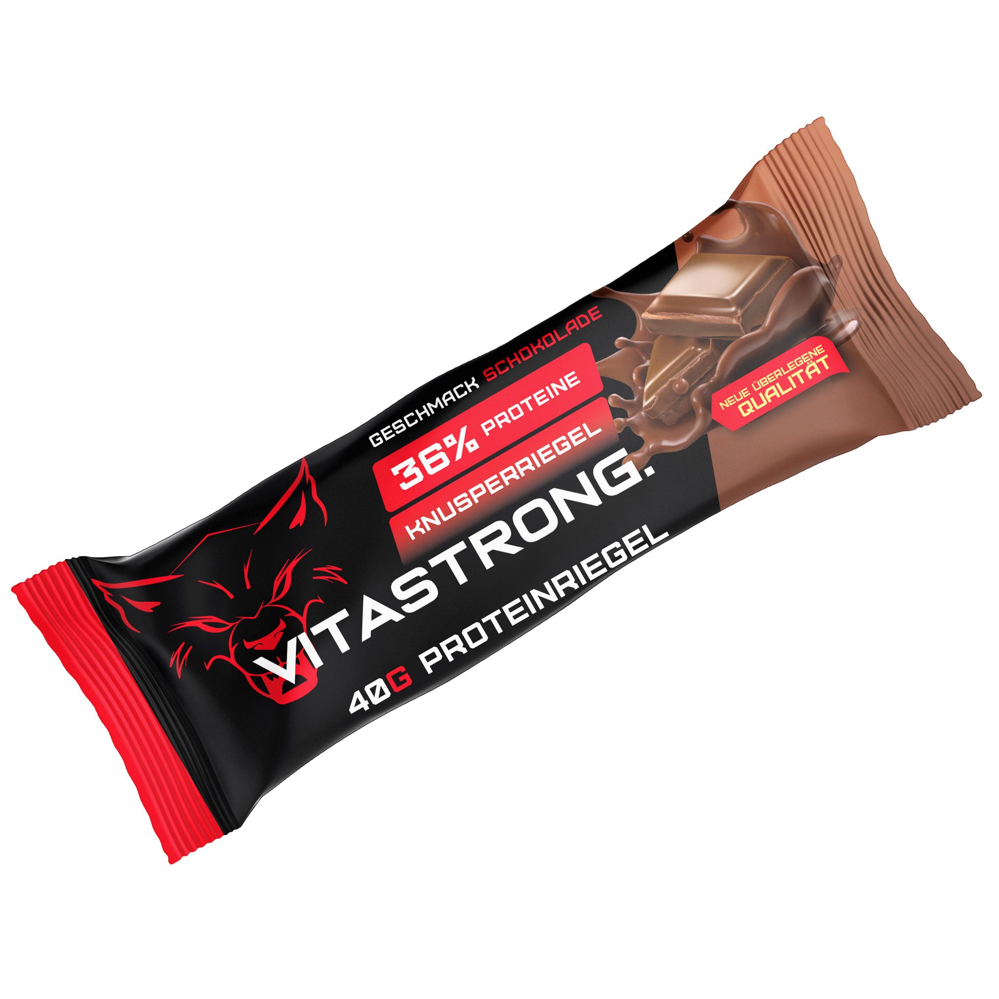 Barretta proteica confezionata. Scritta: Vitastrong, 36% proteine, 40g Proteinriegel, gusto cioccolato.