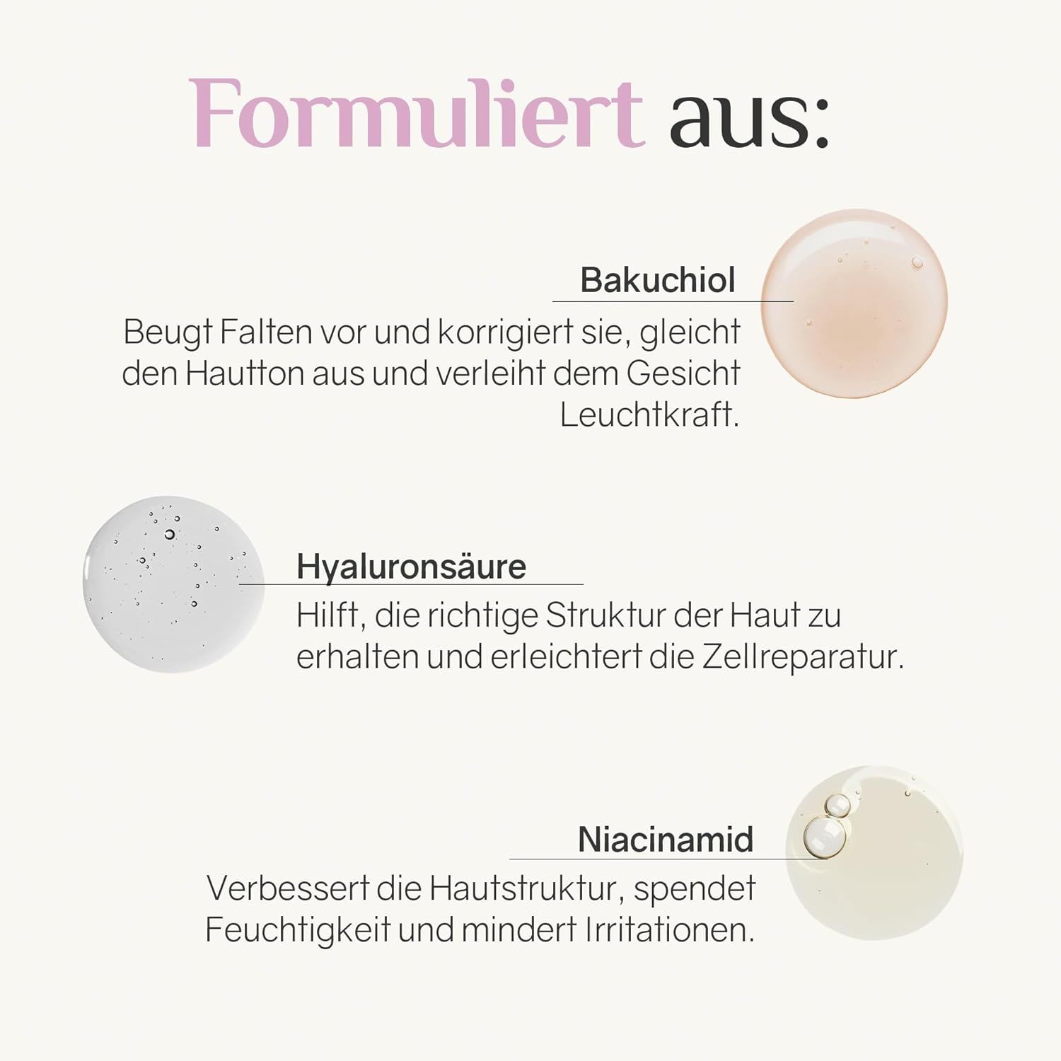 Ingredienti: Bakuchiol, acido ialuronico, niacinamide. Illustrazioni degli ingredienti. Testo che descrive gli effetti.