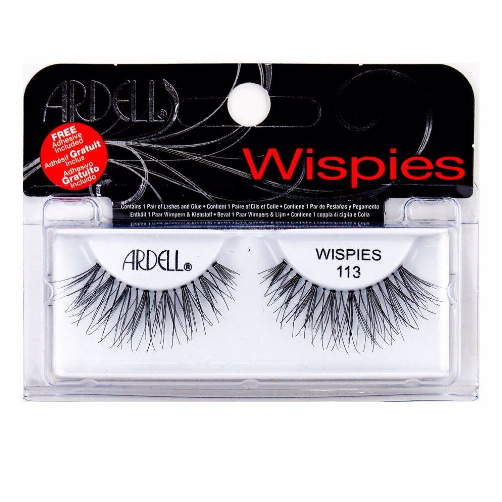 Ciglia Ardell Wispies 113. Ciglia finte nere in confezione. Contiene colla. Leggere, confortevoli, capelli naturali.