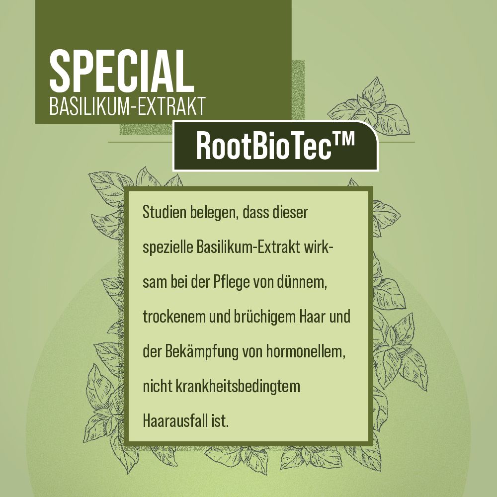 Immagine pubblicitaria con testo: Estratto speciale di basilico. RootBioTec™. Testo sull'effetto dell'estratto.