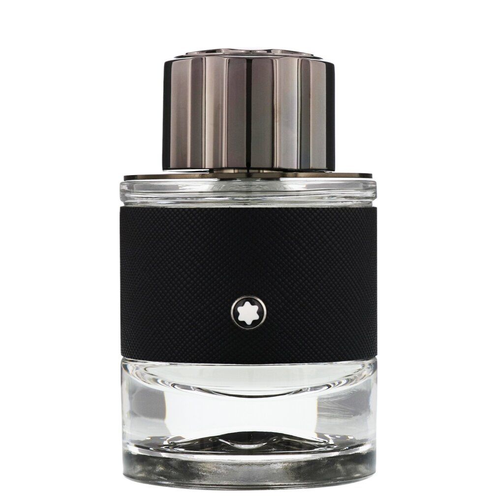Flacone Montblanc Explorer Eau de Parfum. Flacone nero con tappo argentato. Logo sul flacone.