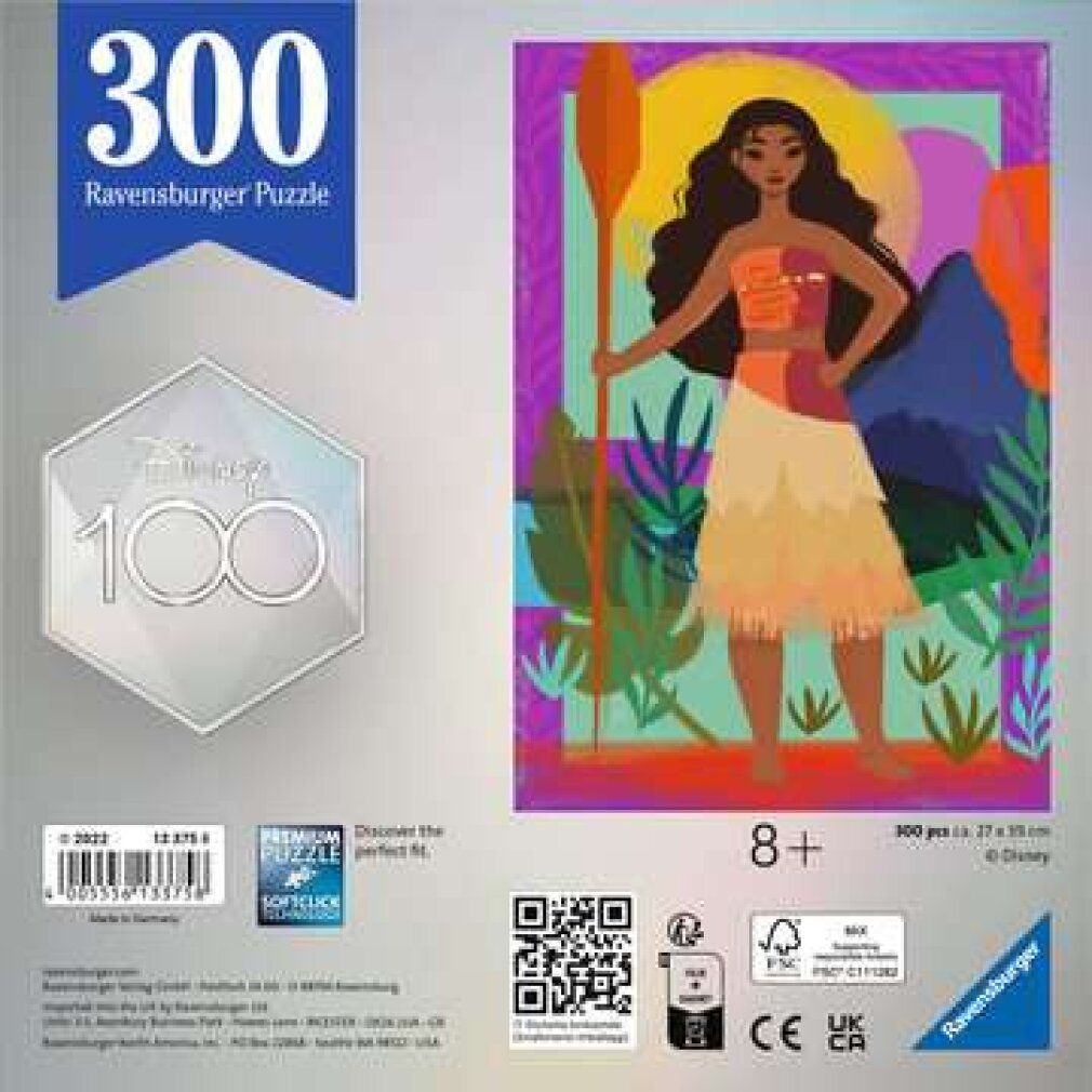 Scatola puzzle Moana. Logo "Disney 100". "300 pezzi". Testo: "Ravensburger Puzzle". Età consigliata 8+.