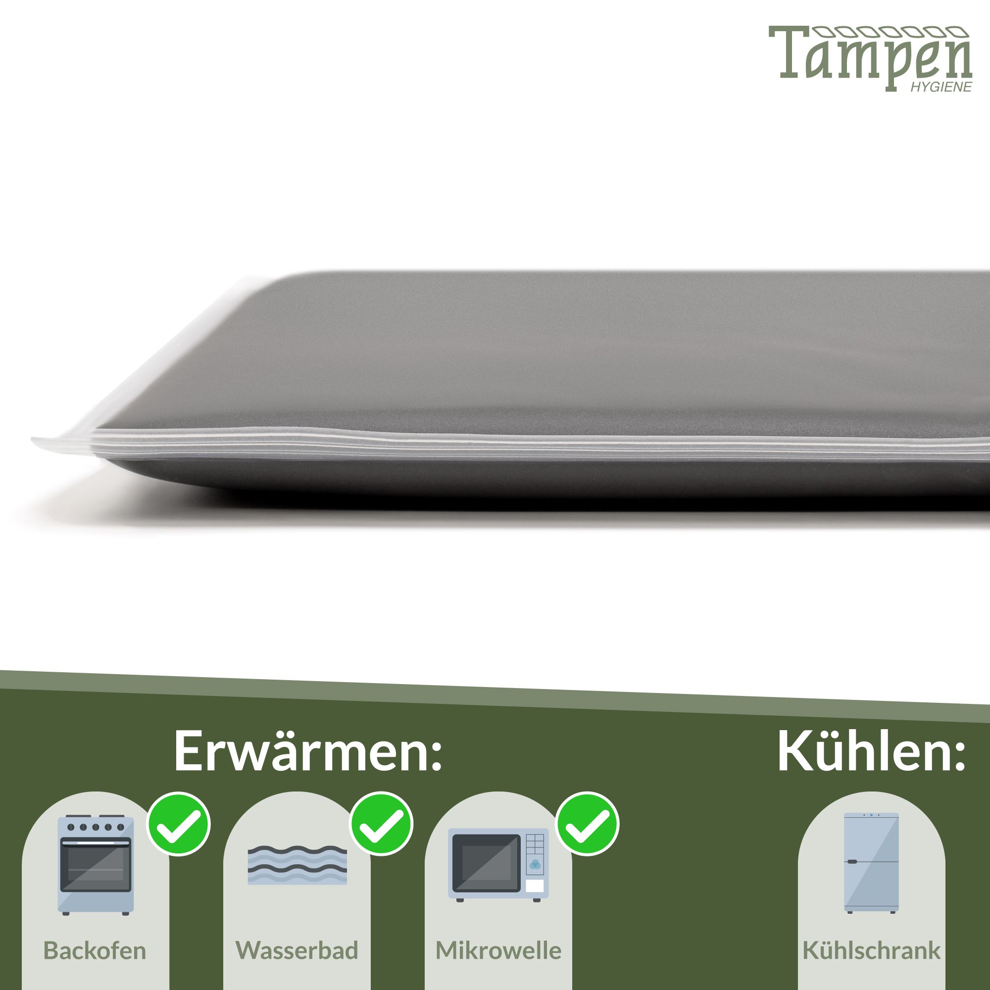 Cuscino rettangolare grigio. Metodi di riscaldamento e raffreddamento: forno, bagnomaria, microonde, frigorifero.