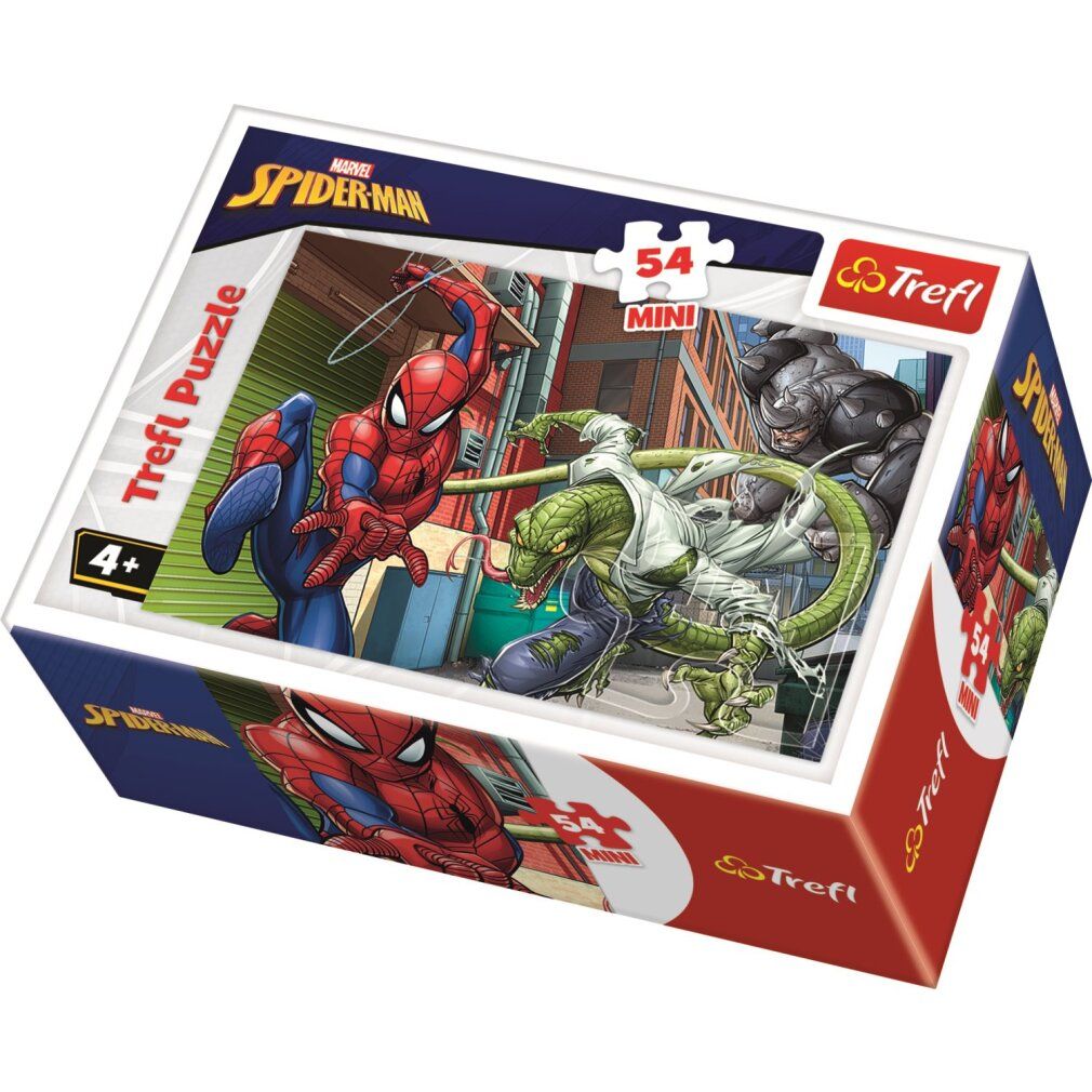 Puzzle Trefl Spiderman: Gegen die Schurken, 54 pezzi. Scatola con Spiderman e cattivi. Loghi Trefl e Marvel. Per bambini 4+.