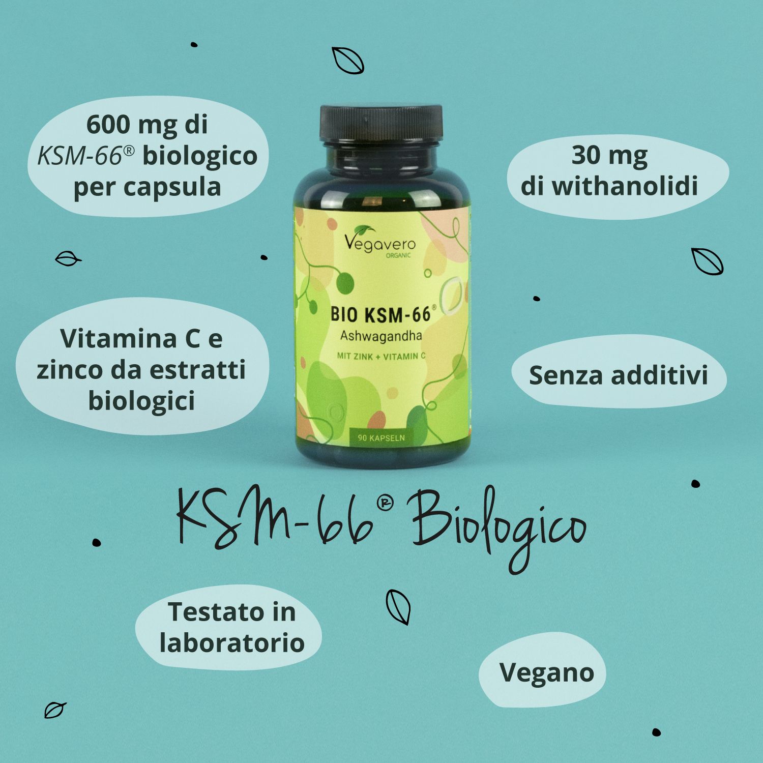 Flacone del prodotto BIO KSM-66 Ashwagandha, circondato da testo. Informazioni su ingredienti e certificazioni.