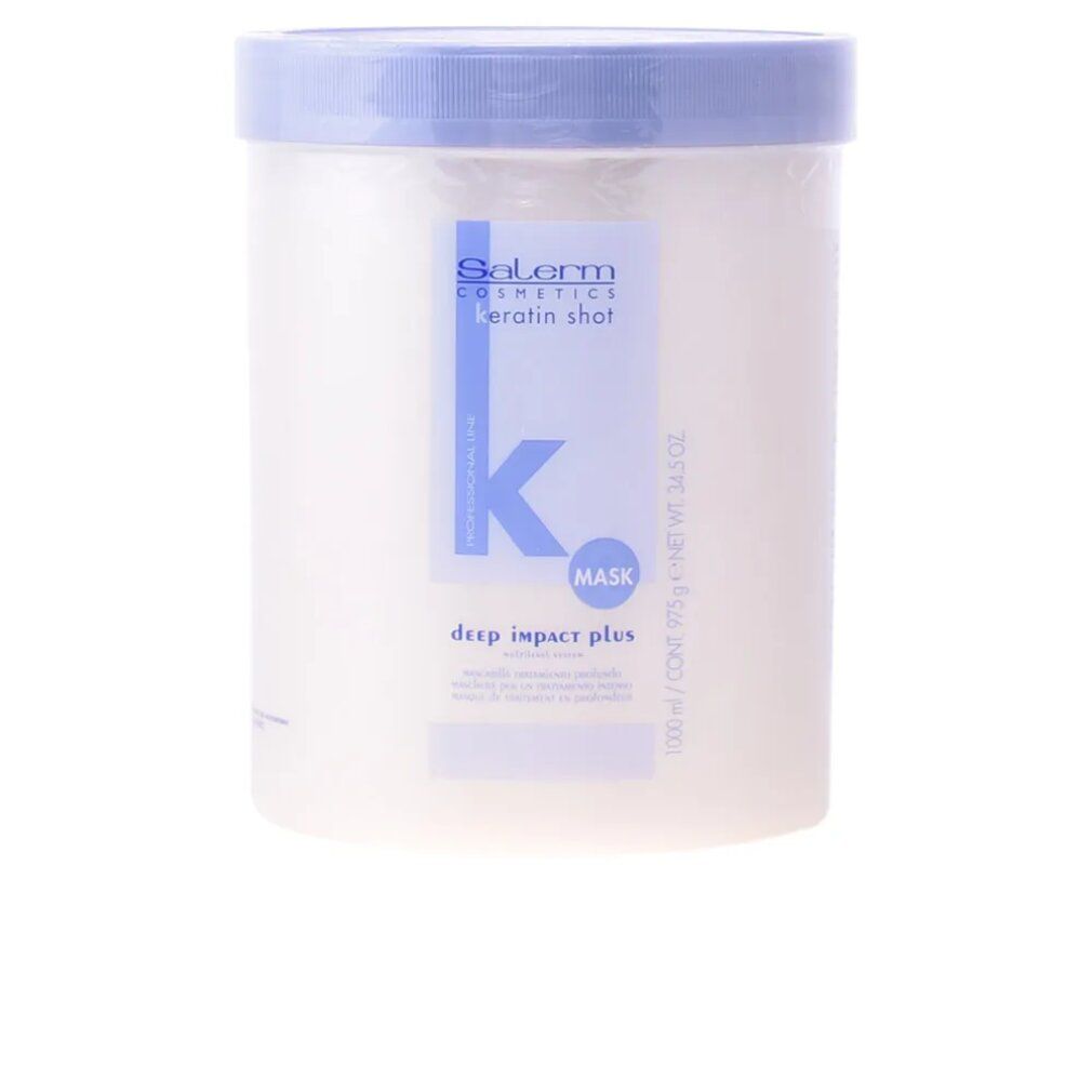 Contenitore bianco con coperchio blu. Scritta: Salerm Cosmetics Keratin Shot Mask Deep Impact Plus. Logo K.