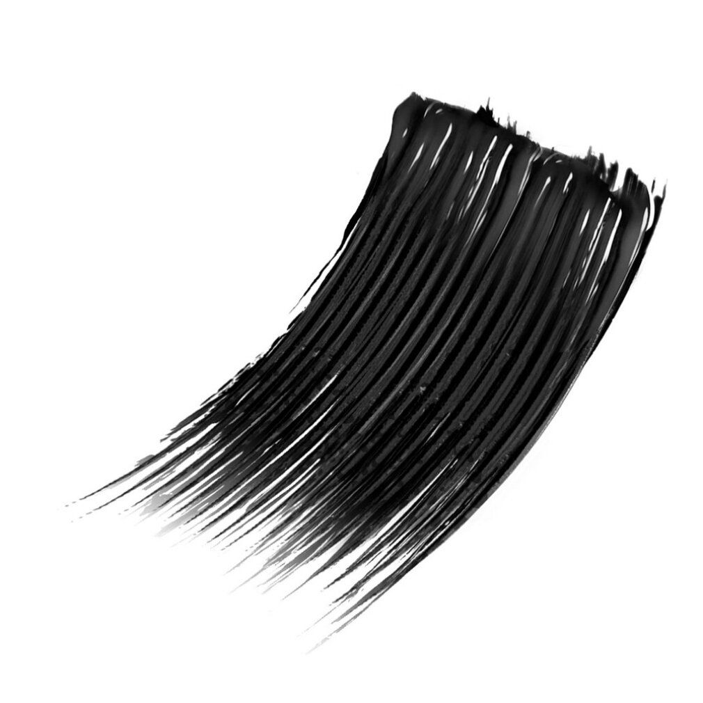 Strisciata di mascara nero su sfondo bianco. Testura visibile.
