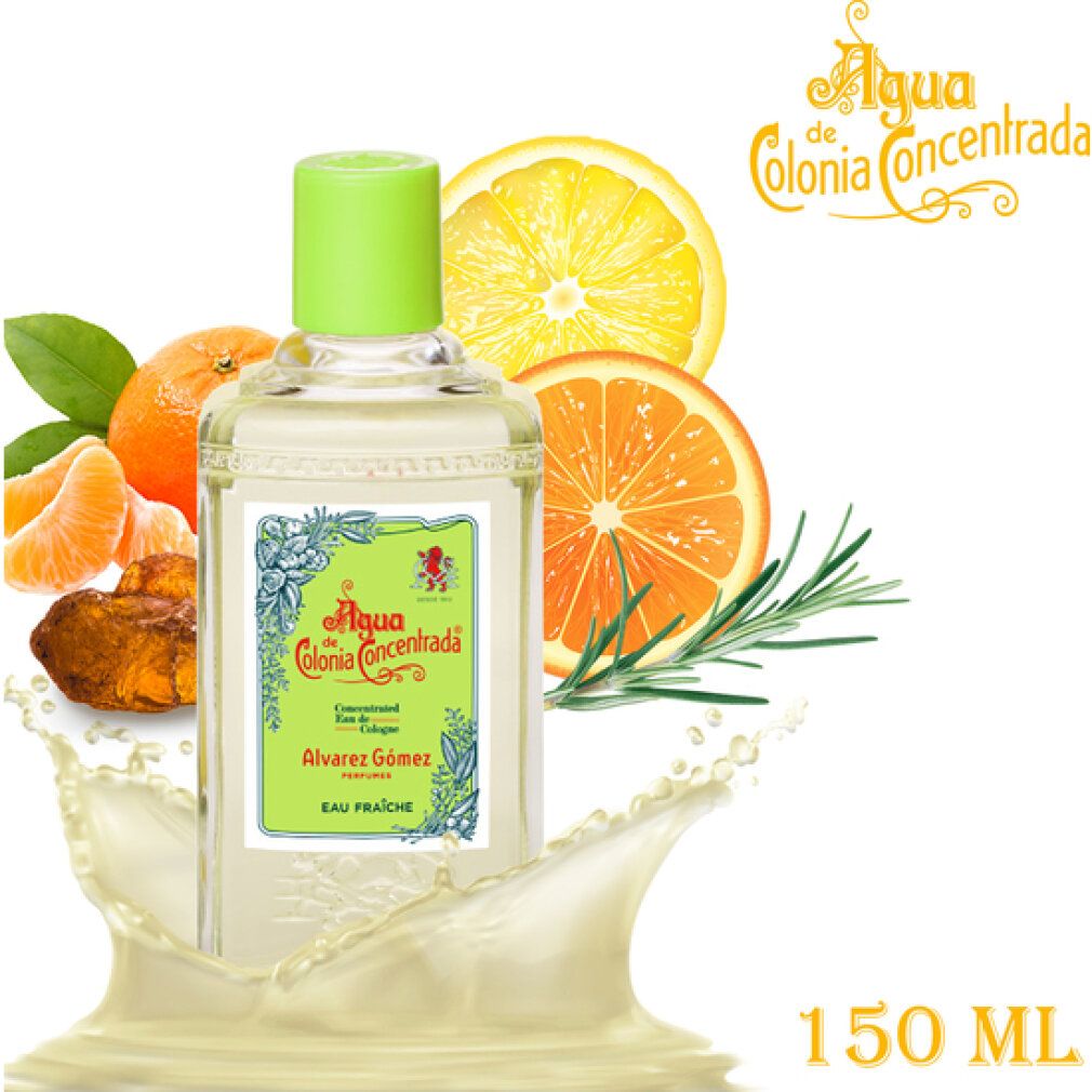Flacone di Alvarez Gómez Eau de Cologne con arance e limoni. Etichetta verde e bianca, tappo verde. Scritta: Eau Fraîche.