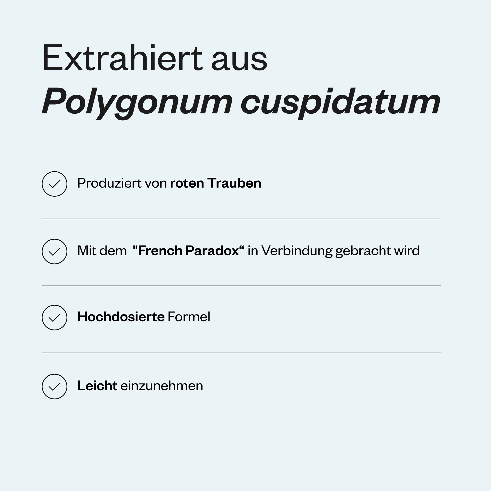 Grafica con testo: Estratto da Polygonum cuspidatum. Contiene informazioni sulla produzione da uva rossa e sulla formula.