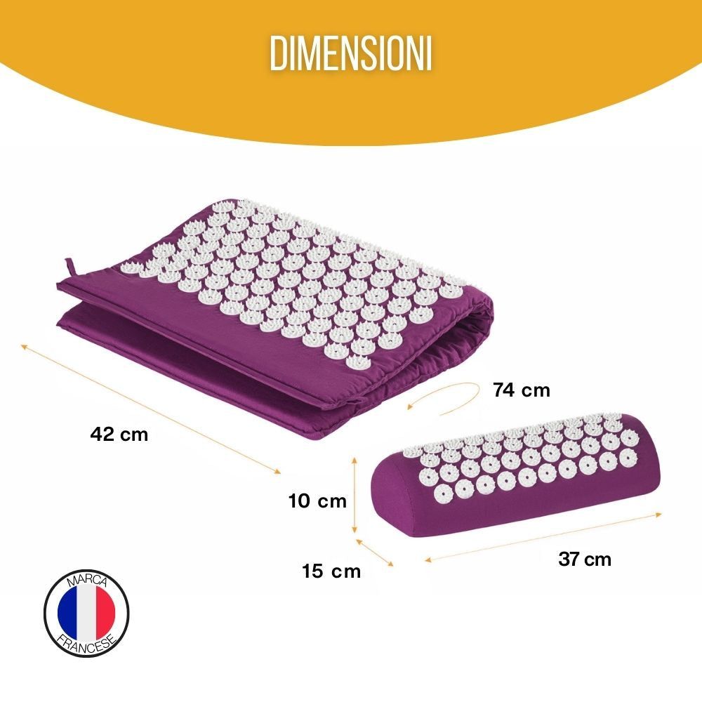 Dimensioni del set per digitopressione: tappetino 74x42 cm, cuscino 37x15x10 cm. Con marchio francese.