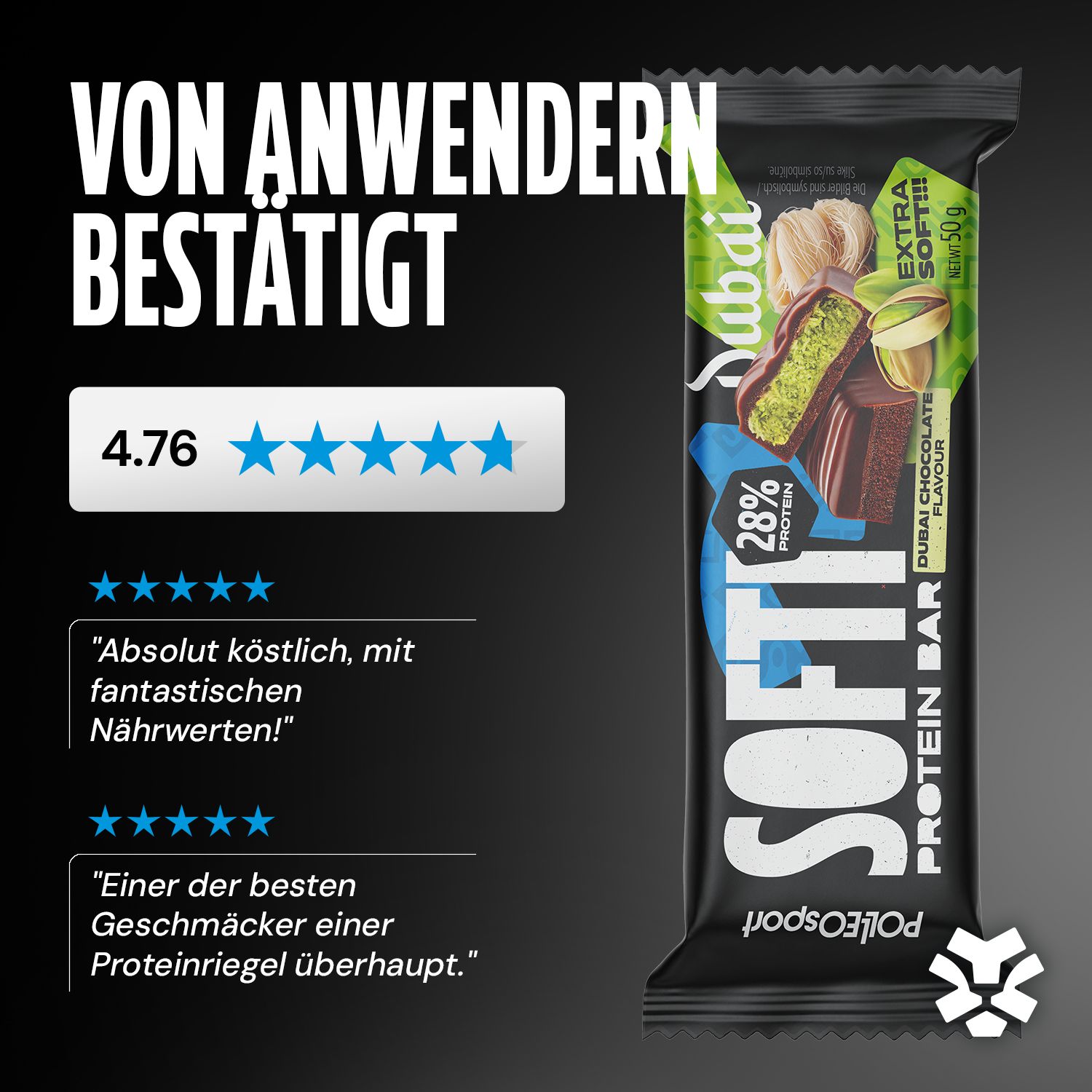 Barretta proteica confezionata. Testo: Softi Protein Bar, 28% proteine, Dubai Chocolate Flavour. Valutazione: 4,76 stelle.
