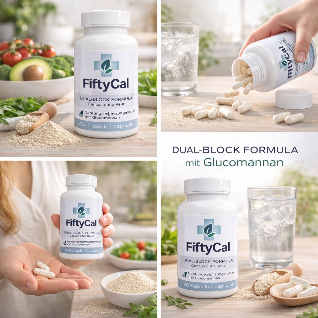 Flacone bianco di capsule FiftyCal. Scritta: Dual-Block Formula. Capsule versate dal flacone. Ingredienti e acqua accanto.