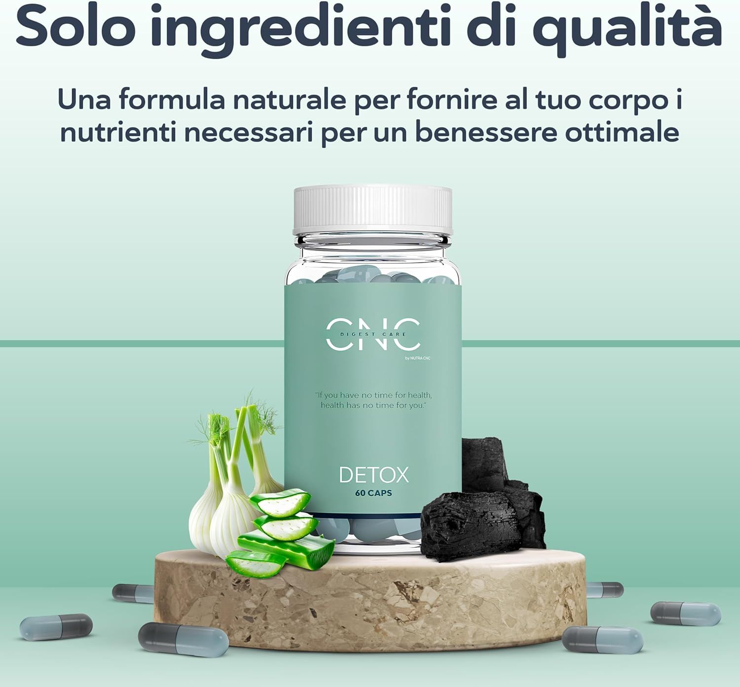 Flacone CNC DETOX con Aloe Vera, carbone attivo e finocchio. 60 capsule.