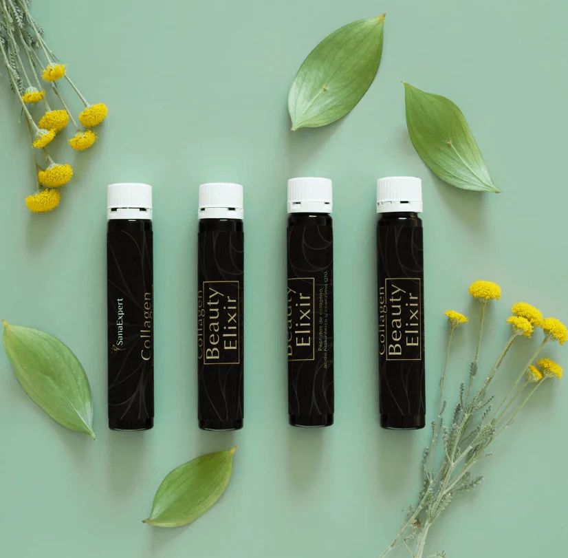 Quattro fiale « Collagen Beauty Elixir » con tappo bianco. Foglie verdi e fiori gialli.