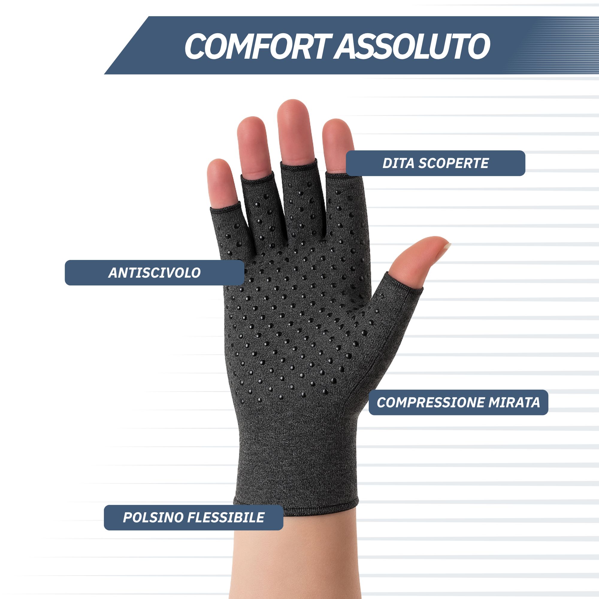 Guanto a compressione grigio con dita scoperte, palmo antiscivolo, compressione mirata e polsino flessibile.