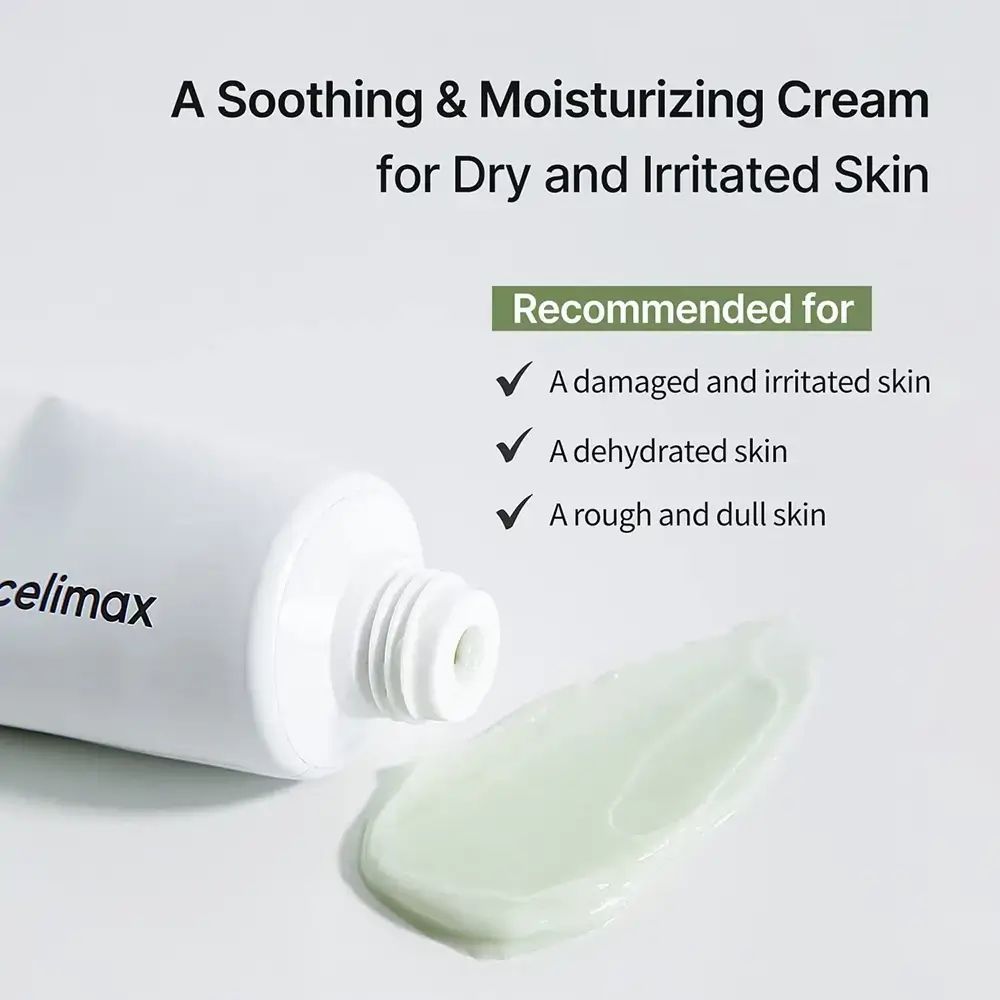 Primo piano della crema. Testo: A Soothing & Moisturizing Cream. Consigliato per: pelle danneggiata, disidratata e ruvida.